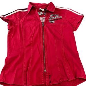 Harley-Davidson Women's Red Zip-Up Short Sleeve Shirt Size S